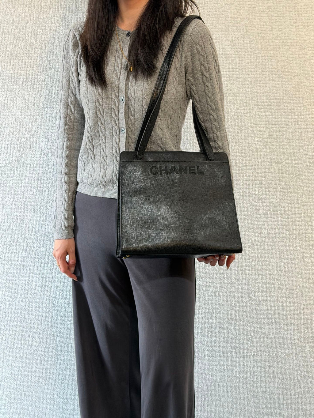 Vintage Chanel Black Caviar Skin Black Tote Bag, A5 Size