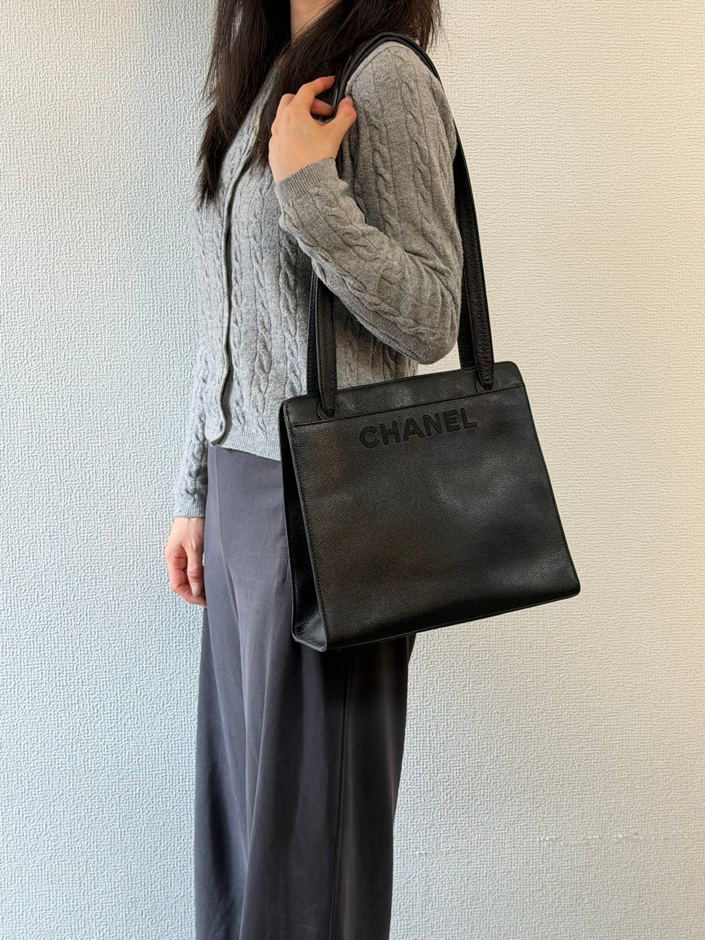 Vintage Chanel Black Caviar Skin Black Tote Bag, A5 Size