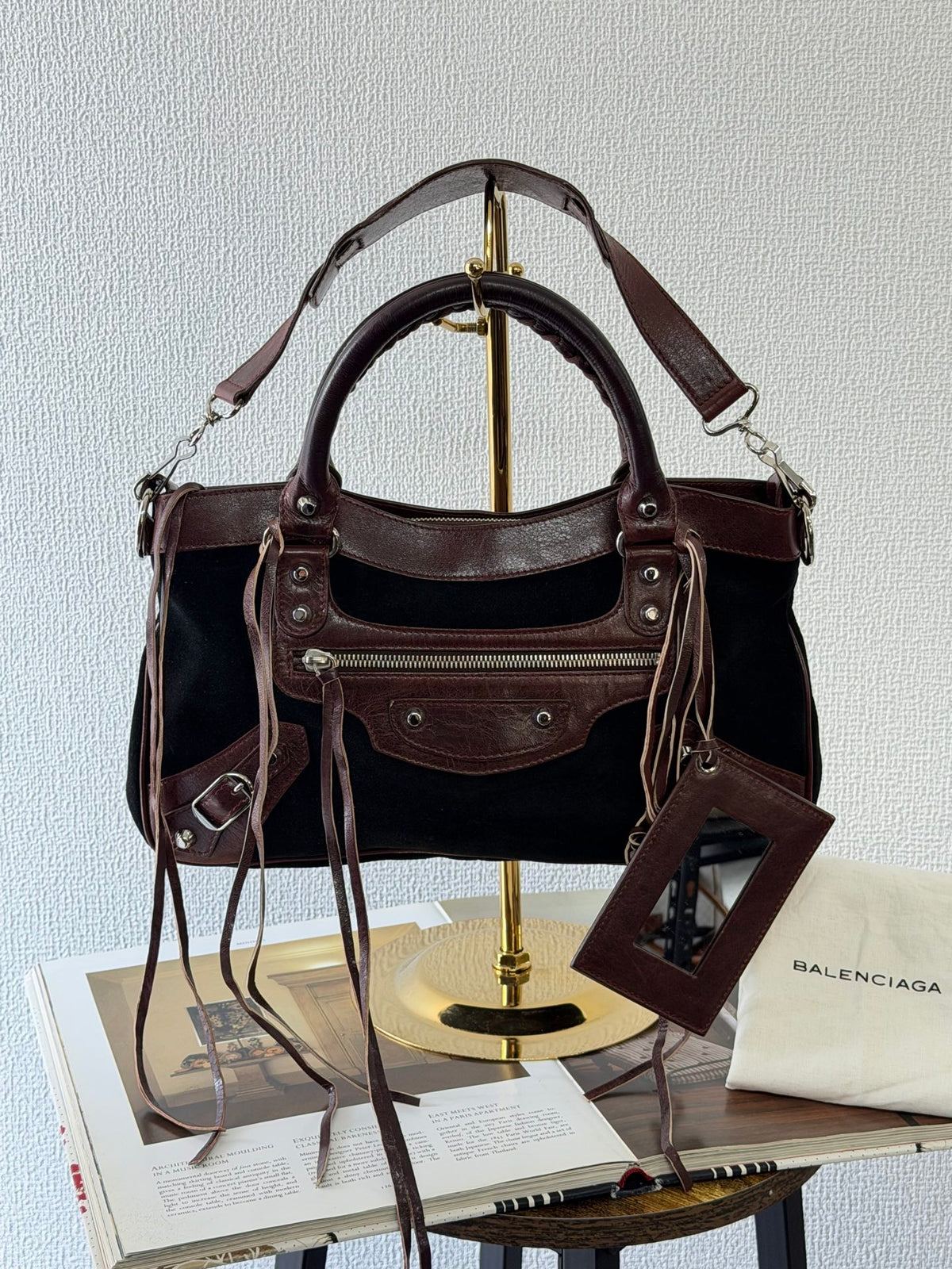 BALENCIAGA Le City studded leather-trimmed suede shoulder bag