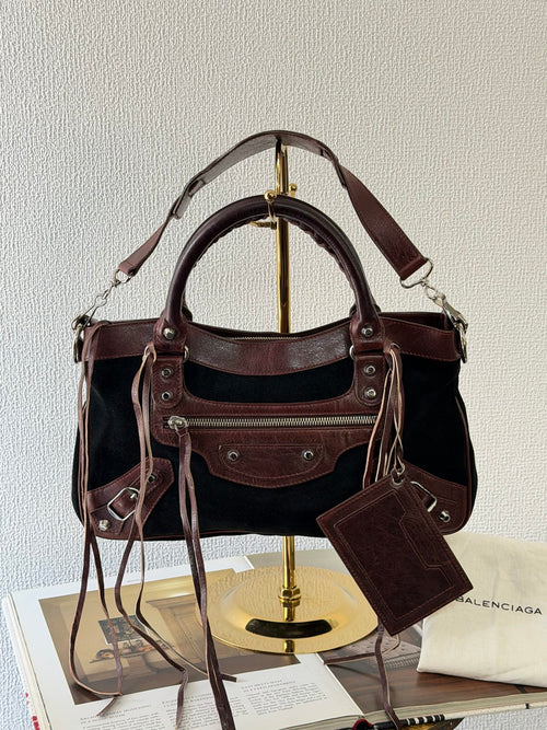 BALENCIAGA Le City studded leather-trimmed suede shoulder bag