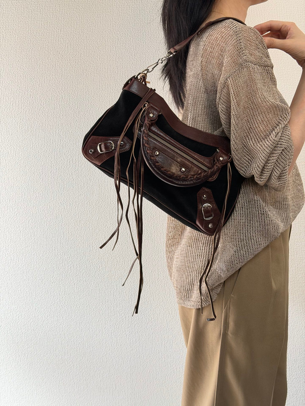 BALENCIAGA Le City studded leather-trimmed suede shoulder bag