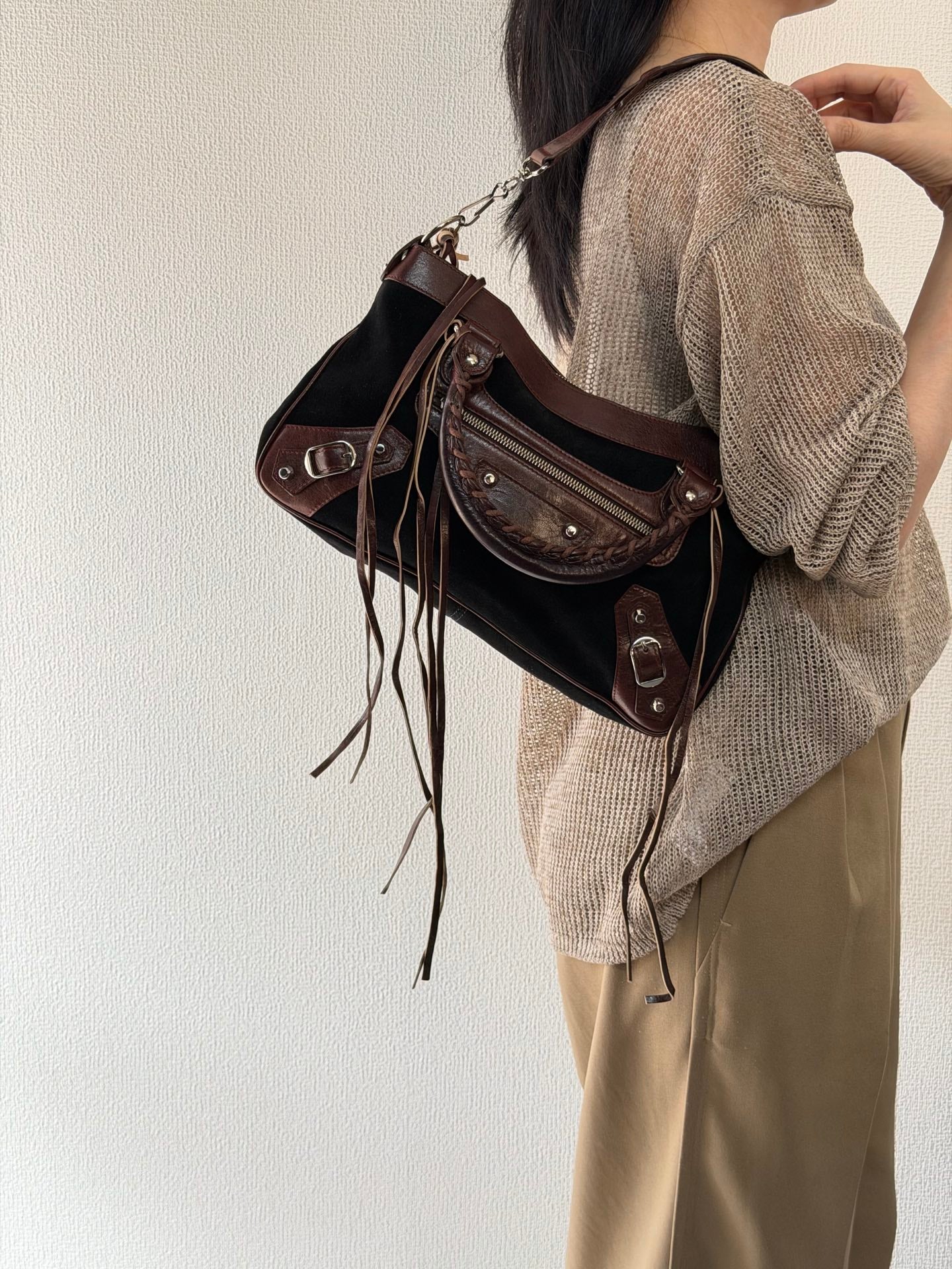 BALENCIAGA Le City studded leather-trimmed suede shoulder bag