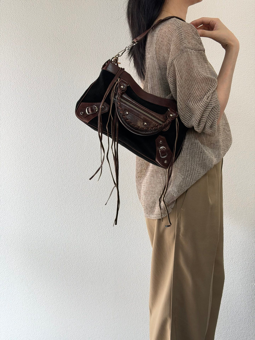 BALENCIAGA Le City studded leather-trimmed suede shoulder bag