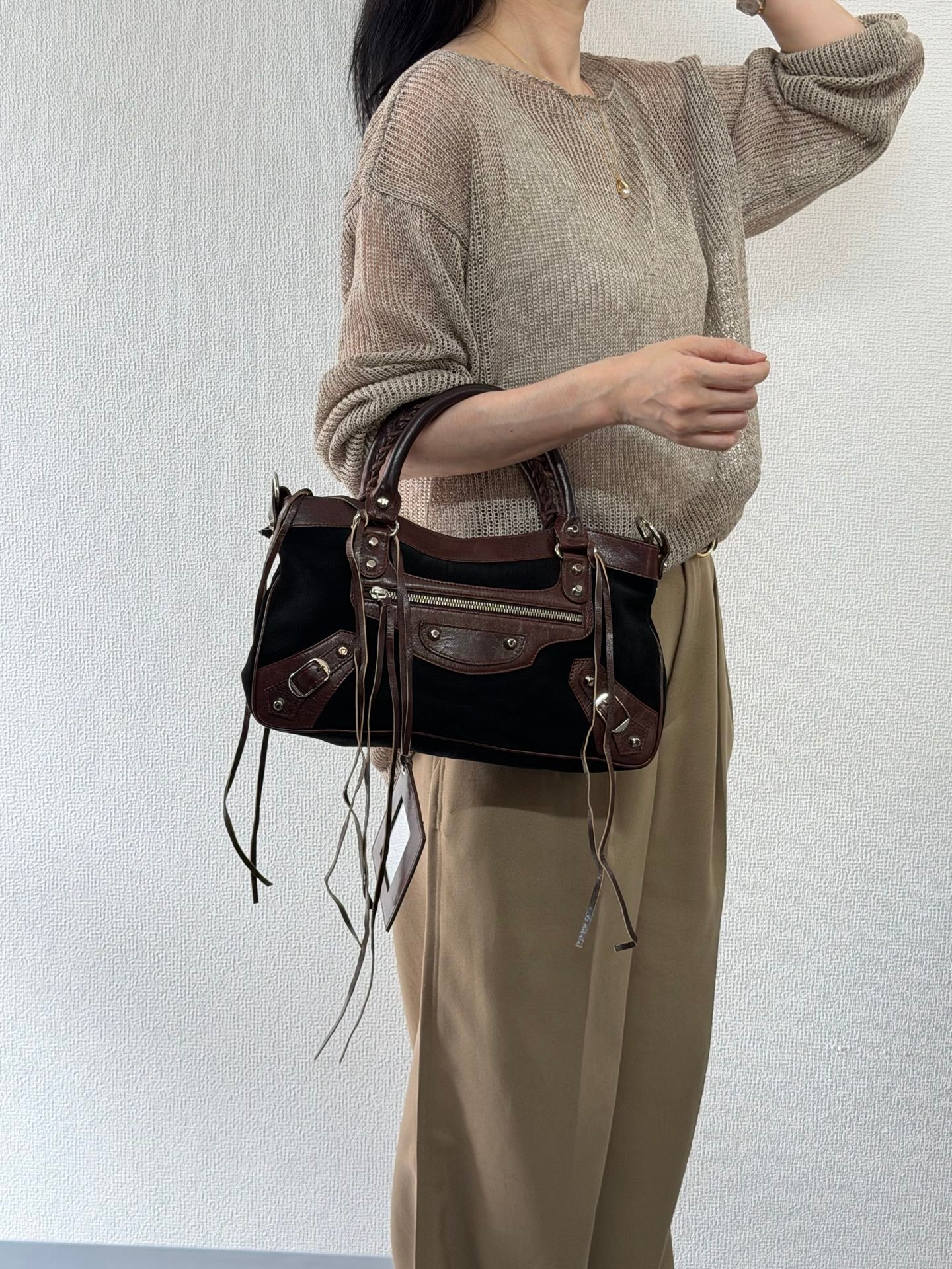 BALENCIAGA Le City studded leather-trimmed suede shoulder bag