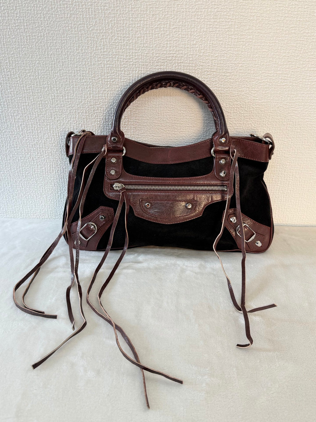 BALENCIAGA Le City studded leather-trimmed suede shoulder bag