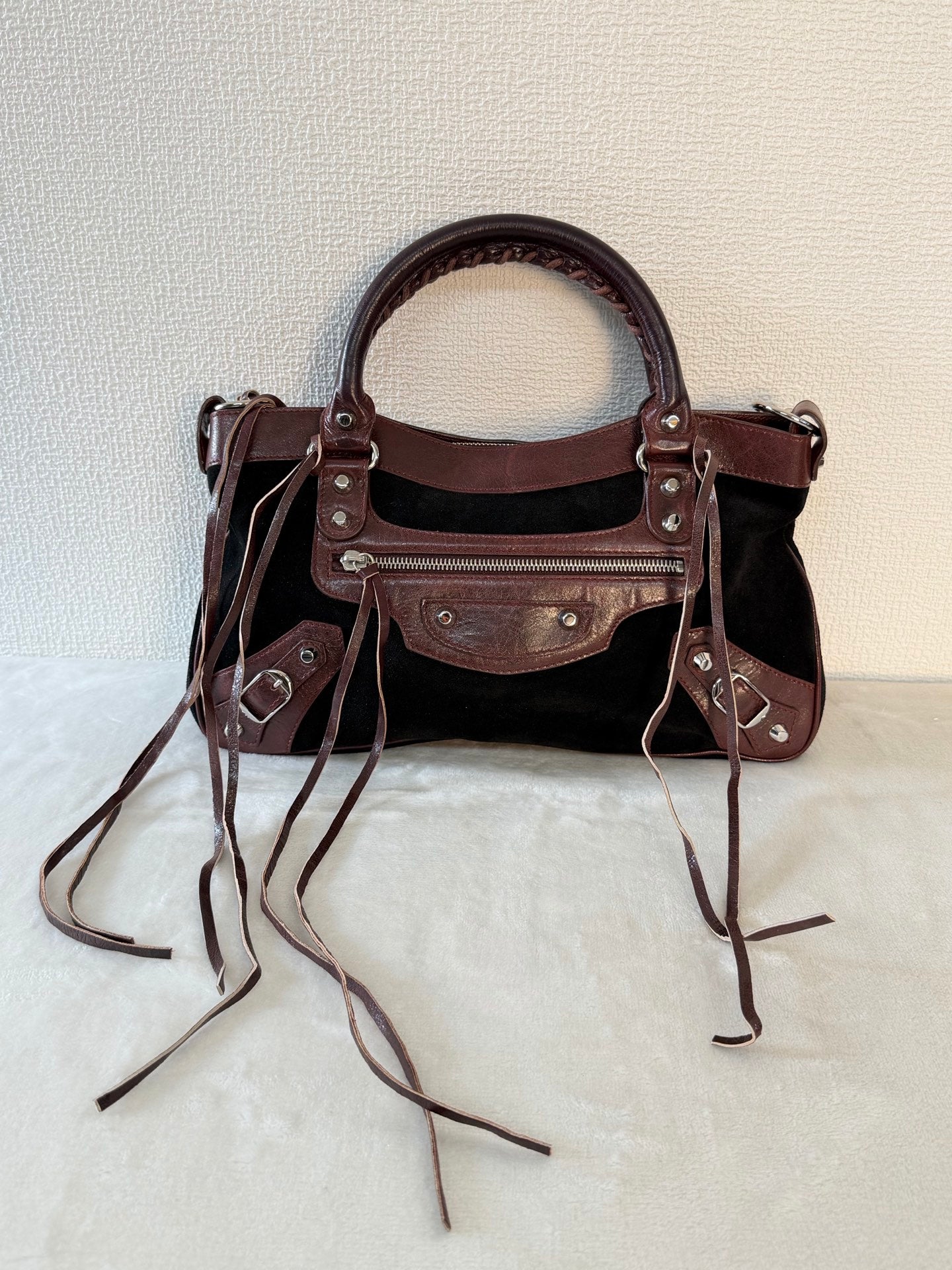 BALENCIAGA Le City studded leather-trimmed suede shoulder bag