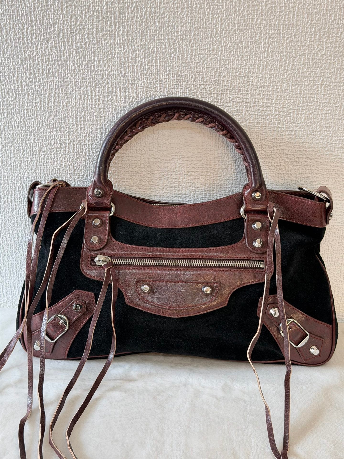 BALENCIAGA Le City studded leather-trimmed suede shoulder bag