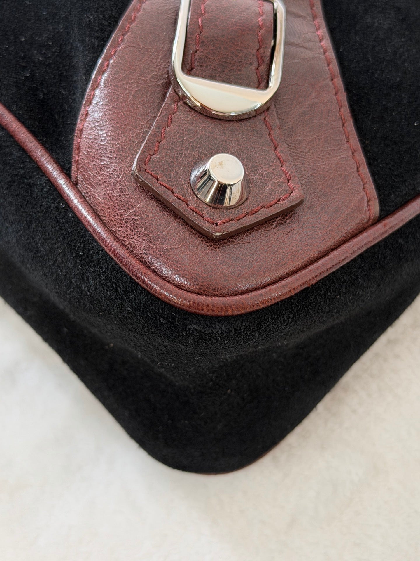 BALENCIAGA Le City studded leather-trimmed suede shoulder bag