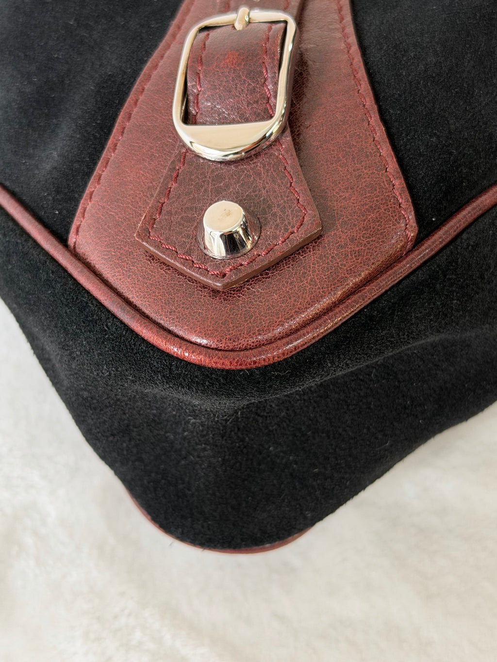 BALENCIAGA Le City studded leather-trimmed suede shoulder bag