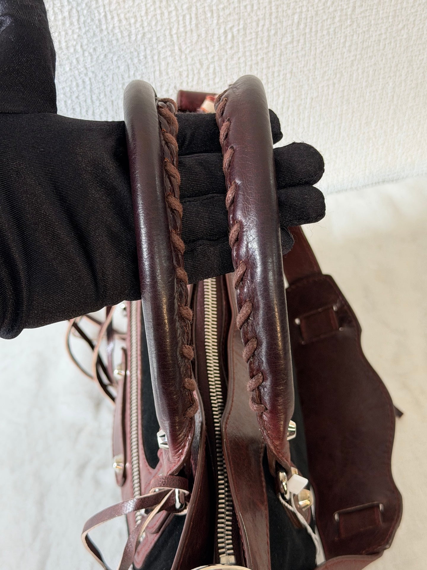 BALENCIAGA Le City studded leather-trimmed suede shoulder bag