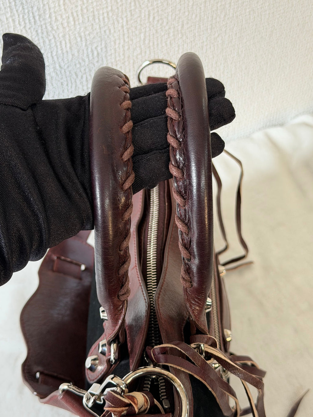 BALENCIAGA Le City studded leather-trimmed suede shoulder bag