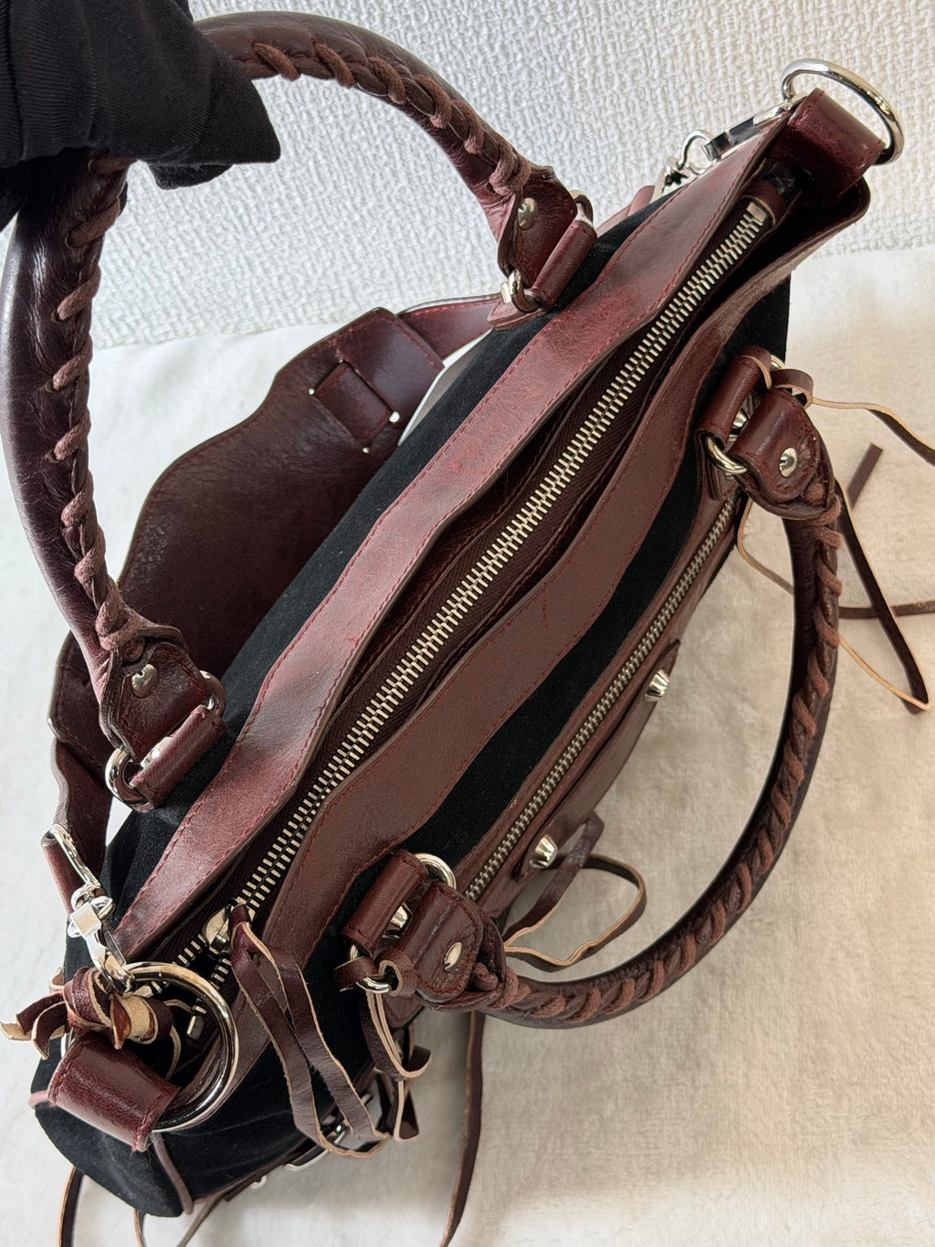 BALENCIAGA Le City studded leather-trimmed suede shoulder bag