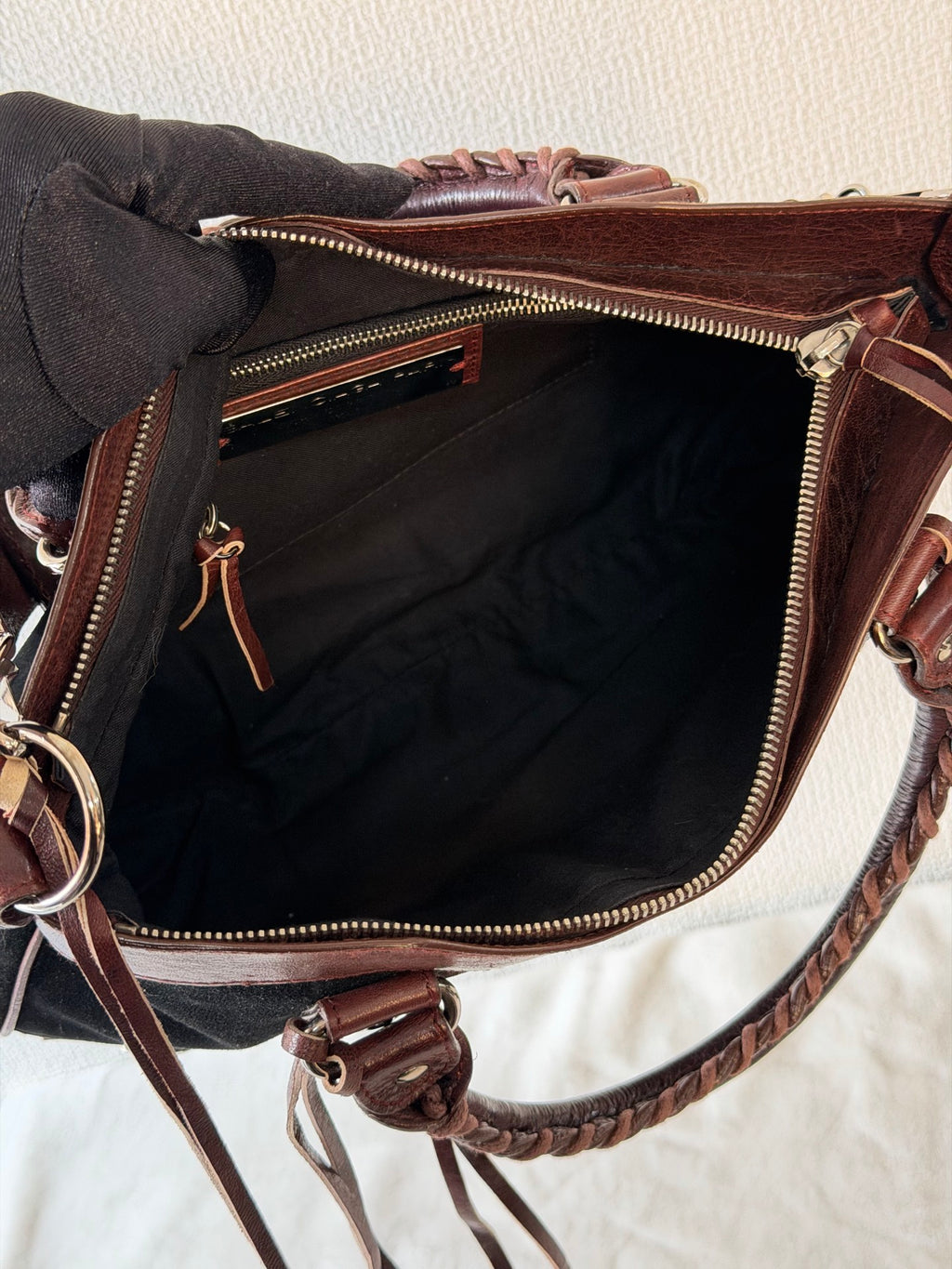 BALENCIAGA Le City studded leather-trimmed suede shoulder bag