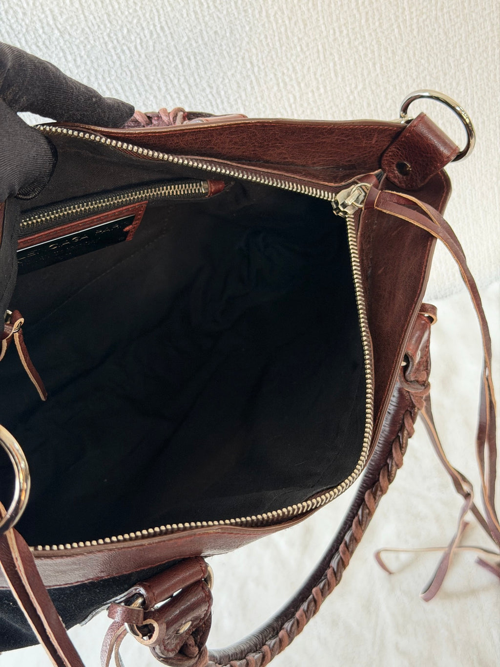 BALENCIAGA Le City studded leather-trimmed suede shoulder bag