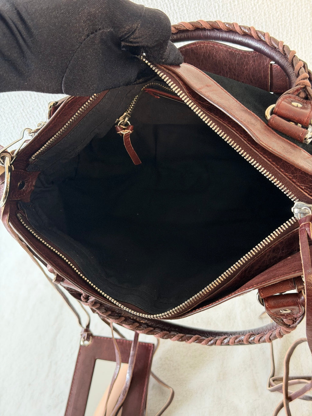 BALENCIAGA Le City studded leather-trimmed suede shoulder bag