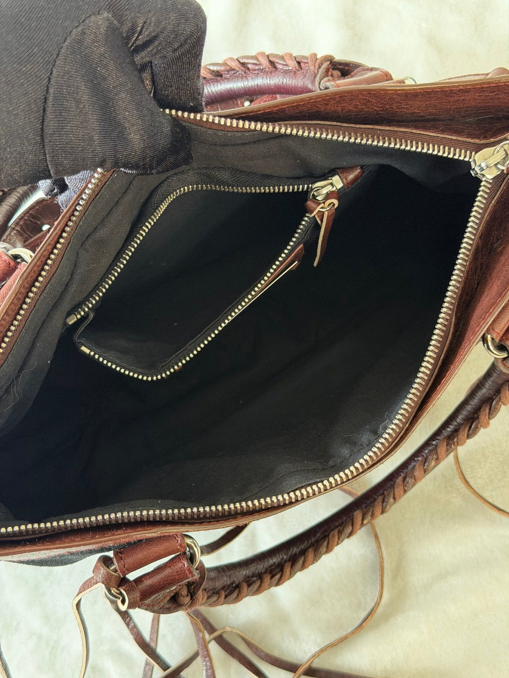 BALENCIAGA Le City studded leather-trimmed suede shoulder bag