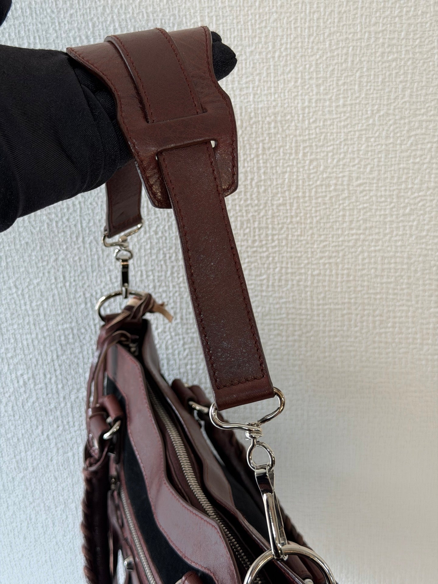 BALENCIAGA Le City studded leather-trimmed suede shoulder bag