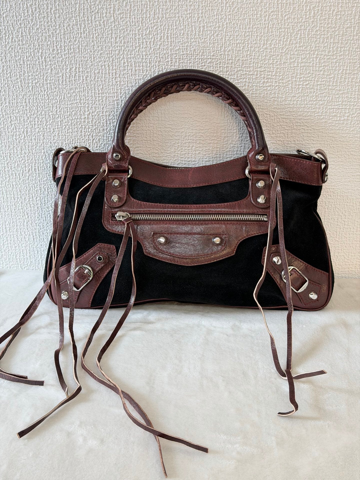 BALENCIAGA Le City studded leather-trimmed suede shoulder bag