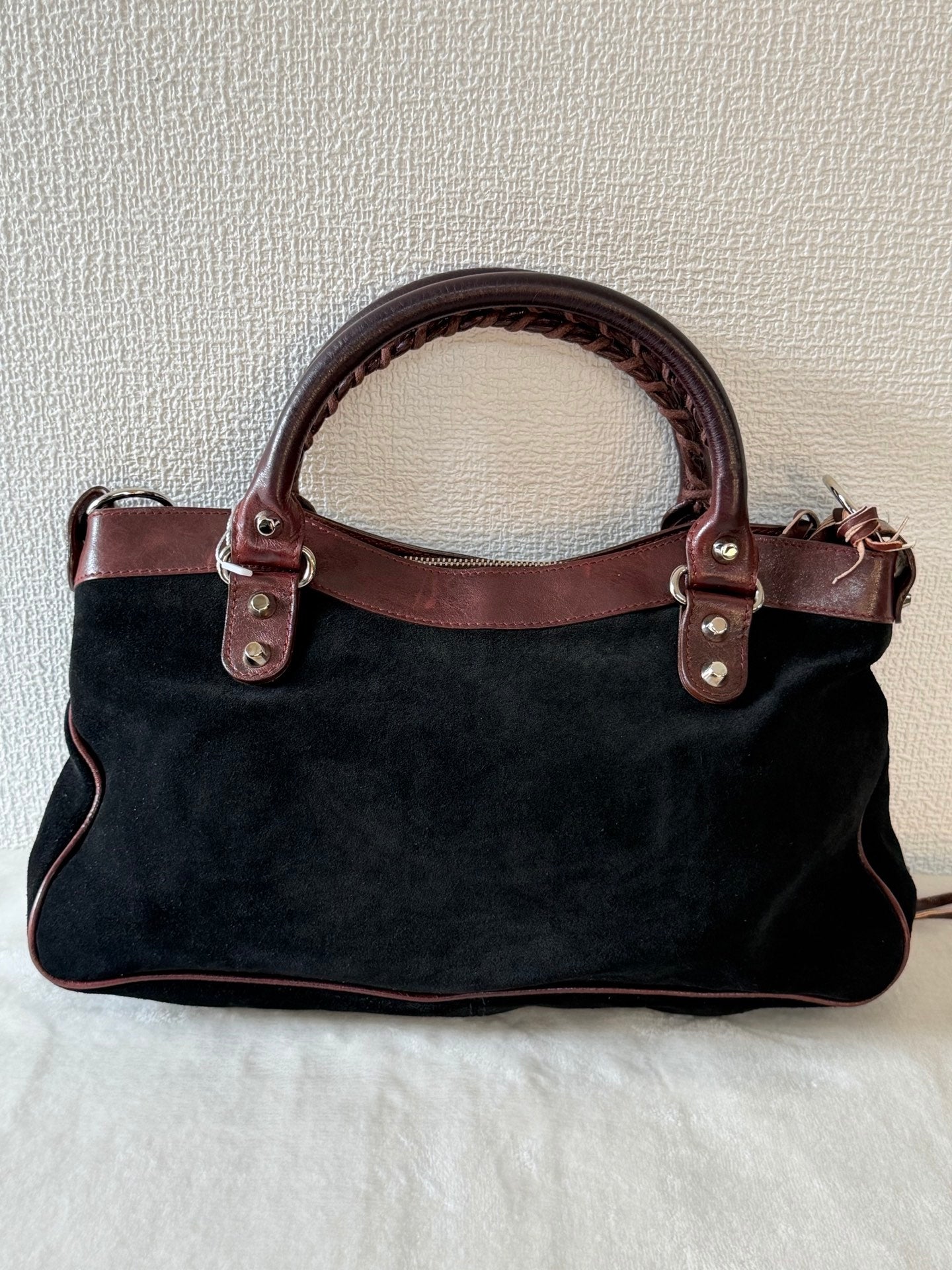 BALENCIAGA Le City studded leather-trimmed suede shoulder bag