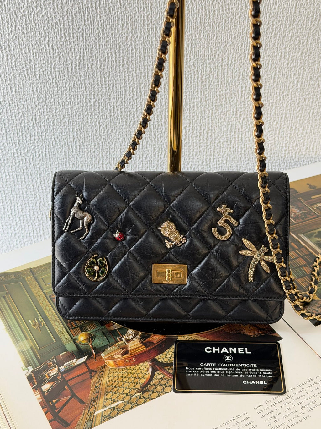 Chanel Aged Calfskin Quilted Lucky Charms 2.55 Reissue Wallet On Chain WOC Black