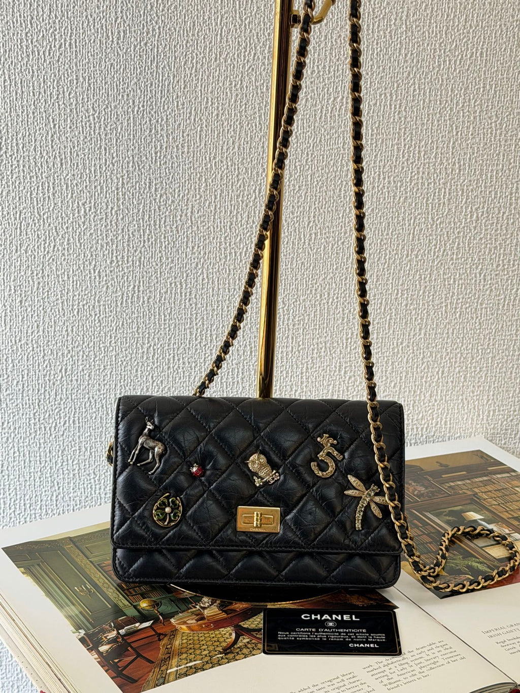 Chanel Aged Calfskin Quilted Lucky Charms 2.55 Reissue Wallet On Chain WOC Black