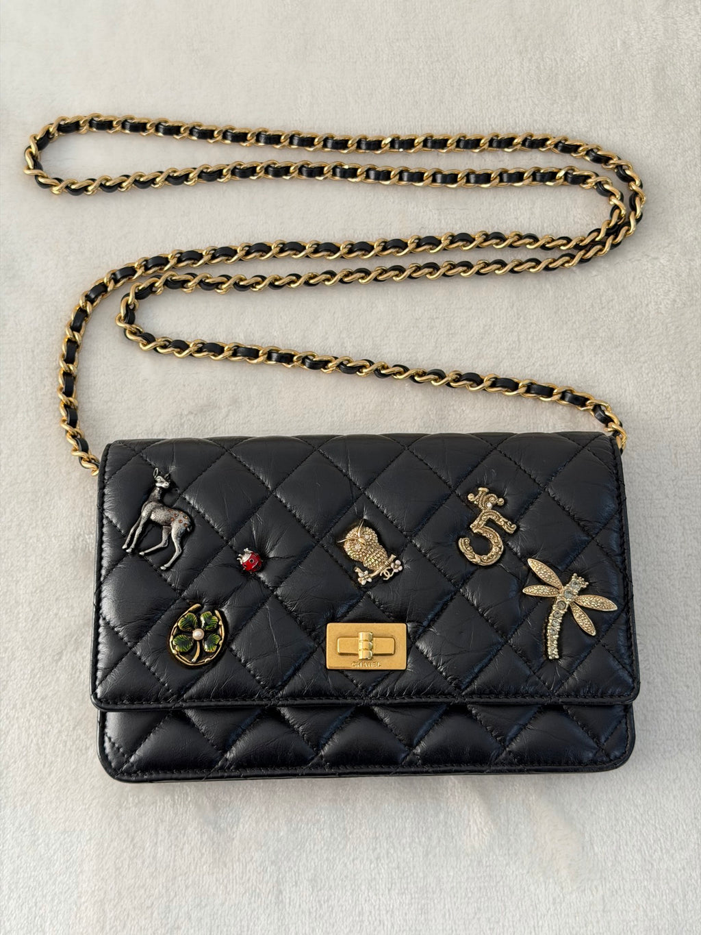 Chanel Aged Calfskin Quilted Lucky Charms 2.55 Reissue Wallet On Chain WOC Black