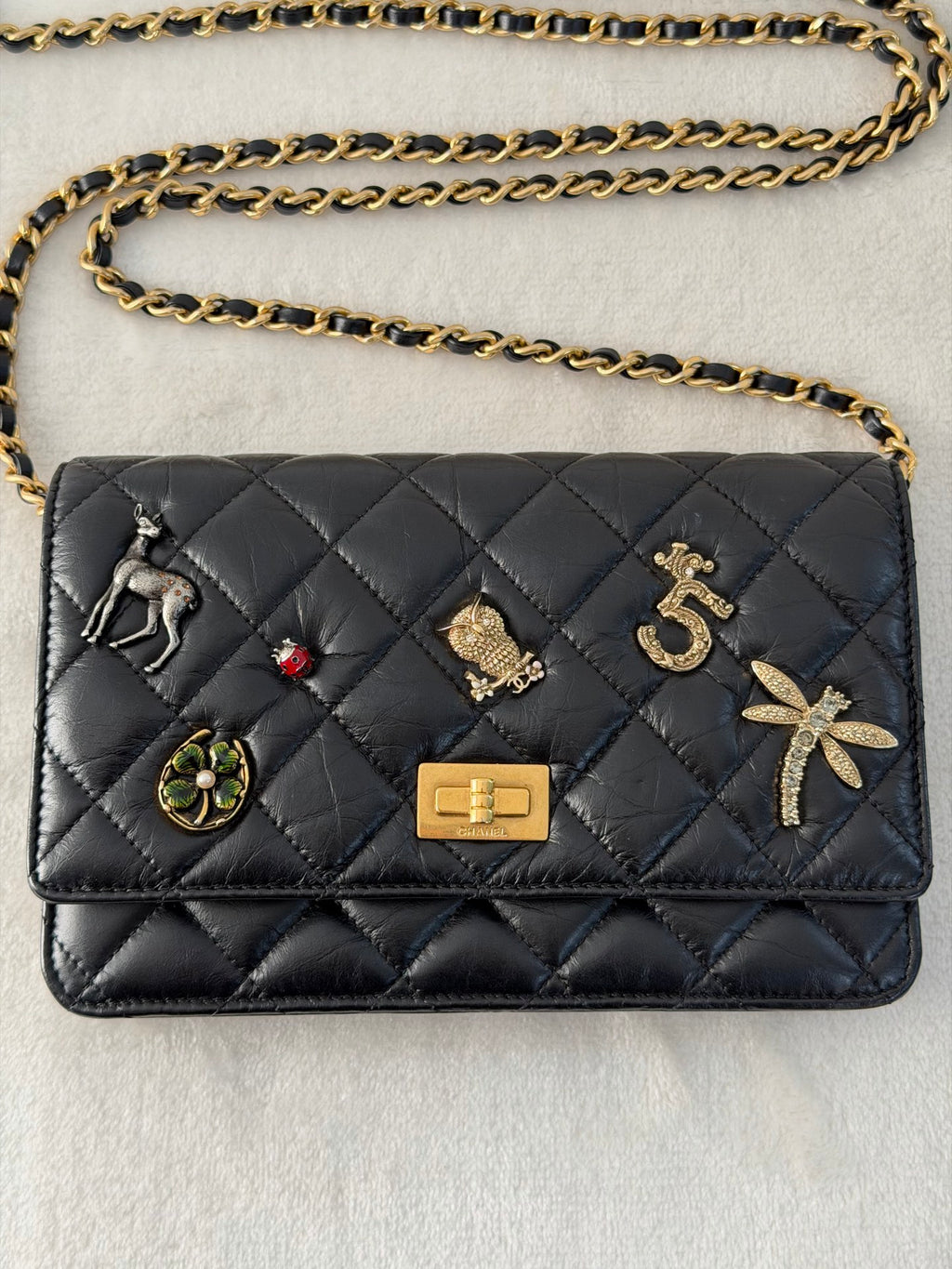 Chanel Aged Calfskin Quilted Lucky Charms 2.55 Reissue Wallet On Chain WOC Black