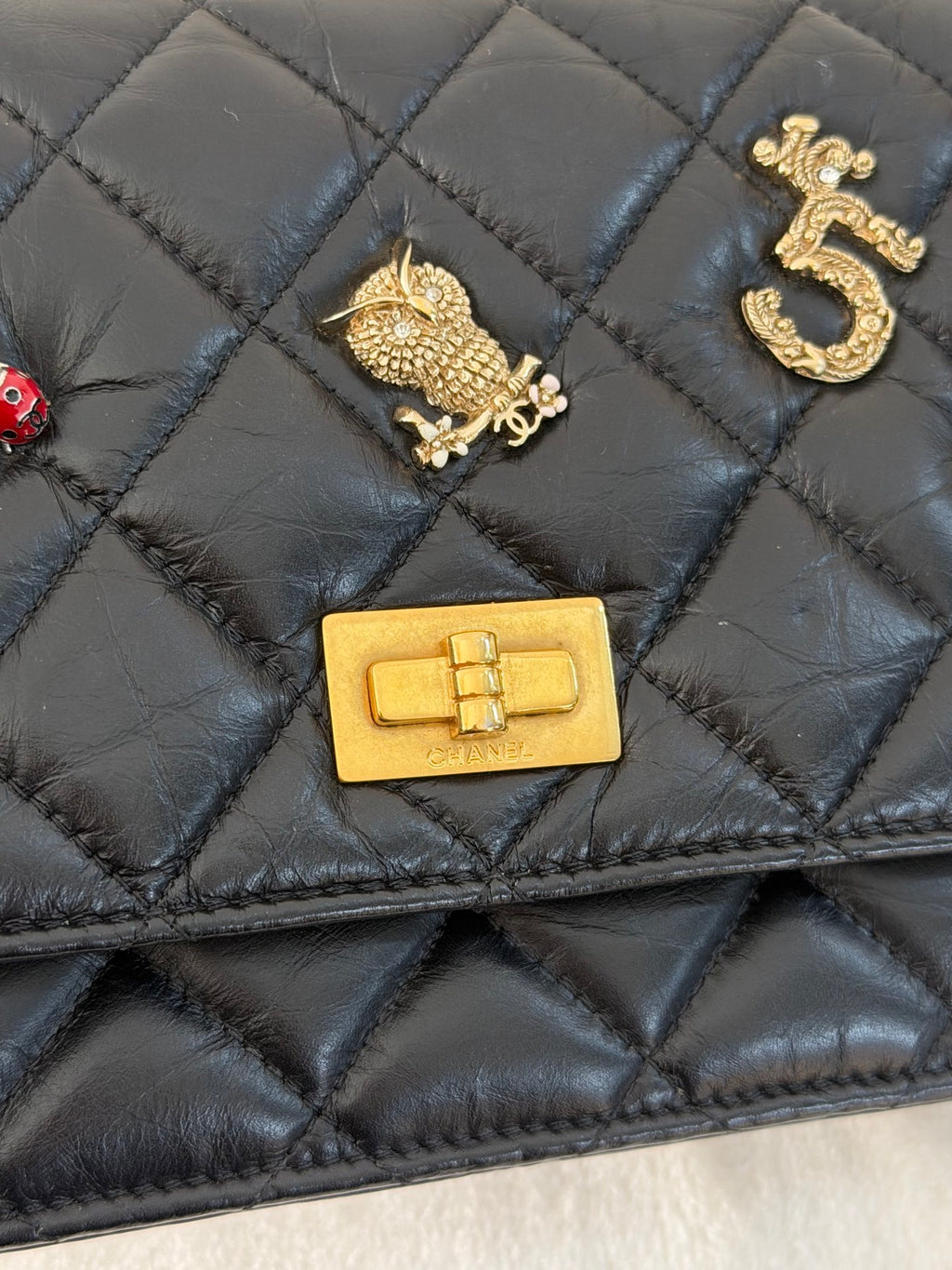 Chanel Aged Calfskin Quilted Lucky Charms 2.55 Reissue Wallet On Chain WOC Black