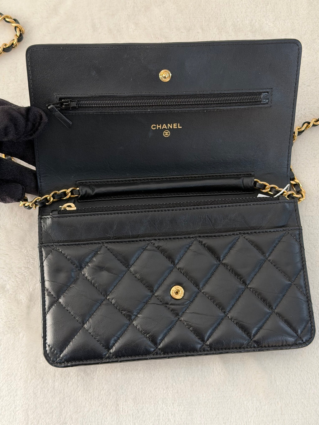 Chanel Aged Calfskin Quilted Lucky Charms 2.55 Reissue Wallet On Chain WOC Black