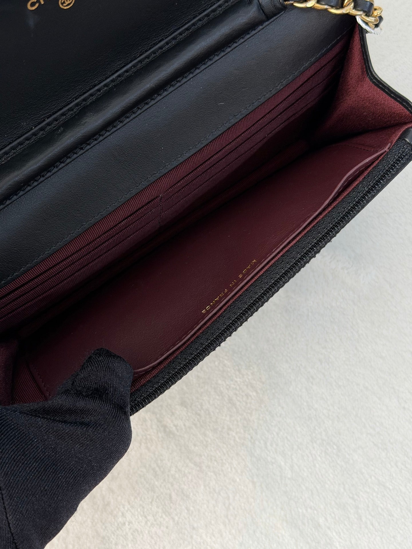 Chanel Aged Calfskin Quilted Lucky Charms 2.55 Reissue Wallet On Chain WOC Black