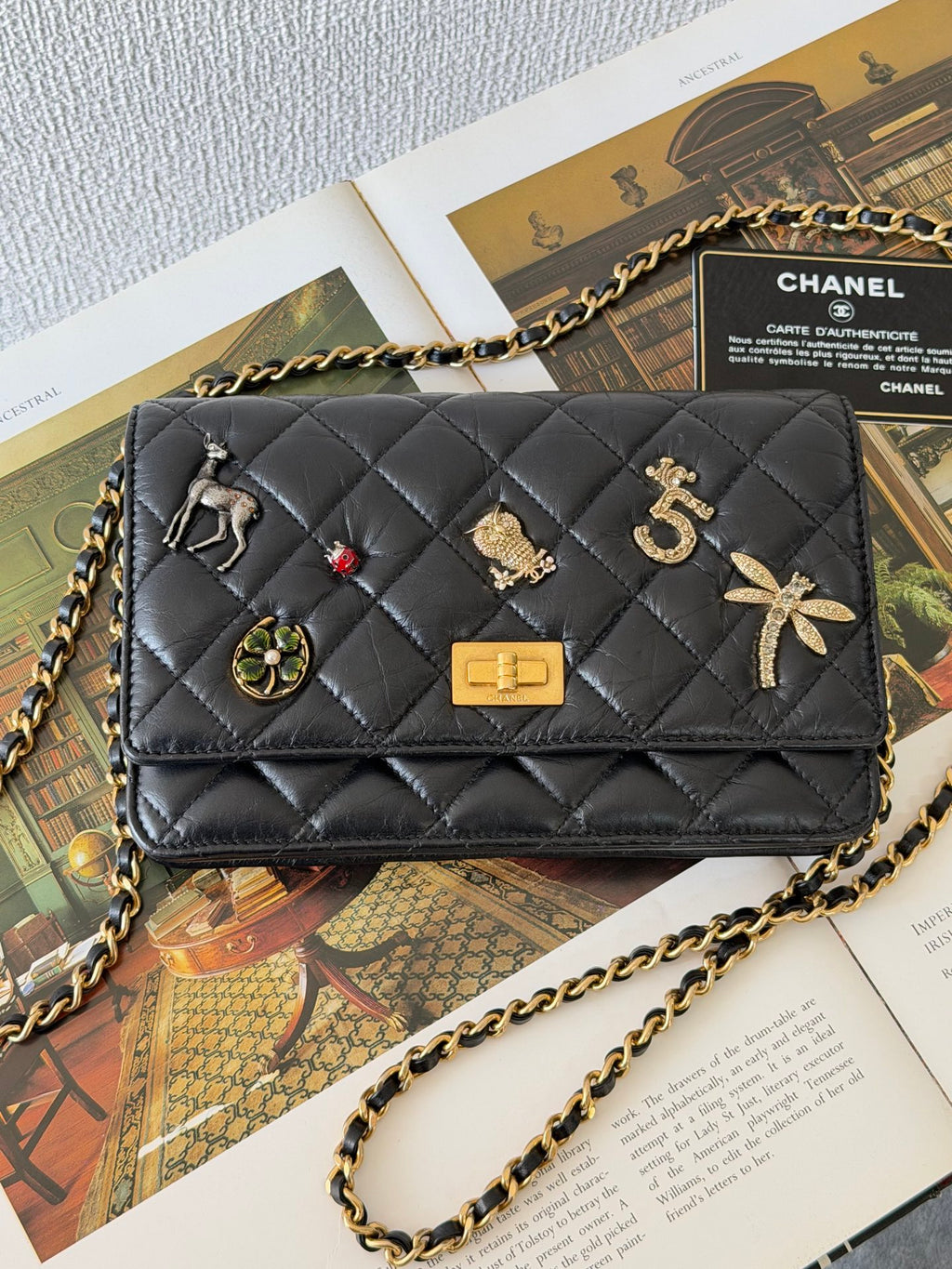 Chanel Aged Calfskin Quilted Lucky Charms 2.55 Reissue Wallet On Chain WOC Black