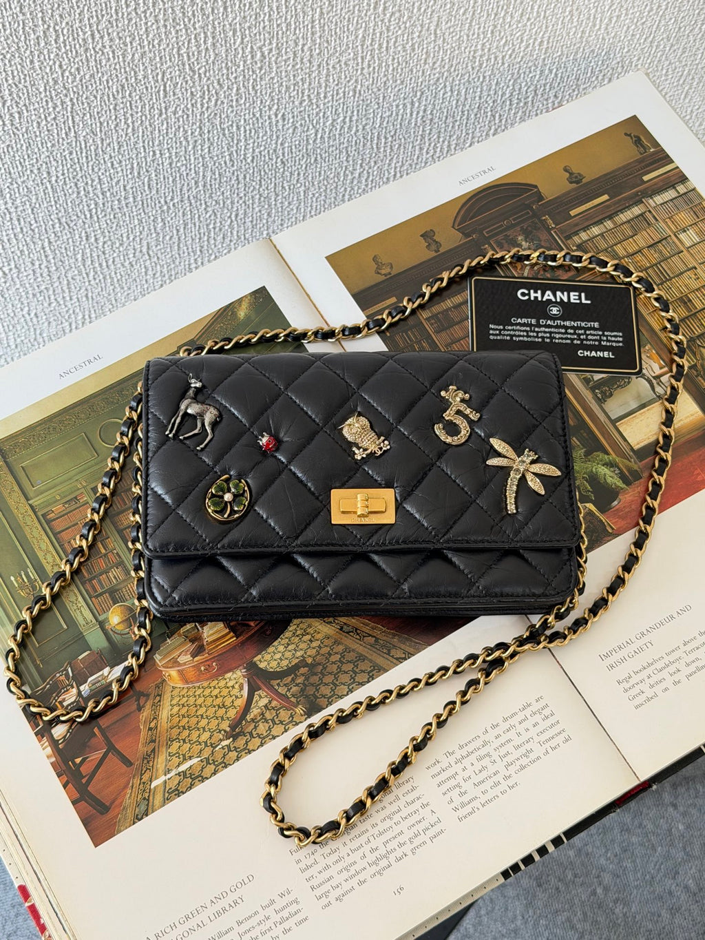Chanel Aged Calfskin Quilted Lucky Charms 2.55 Reissue Wallet On Chain WOC Black