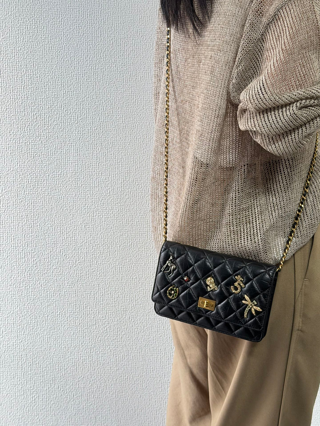 Chanel Aged Calfskin Quilted Lucky Charms 2.55 Reissue Wallet On Chain WOC Black