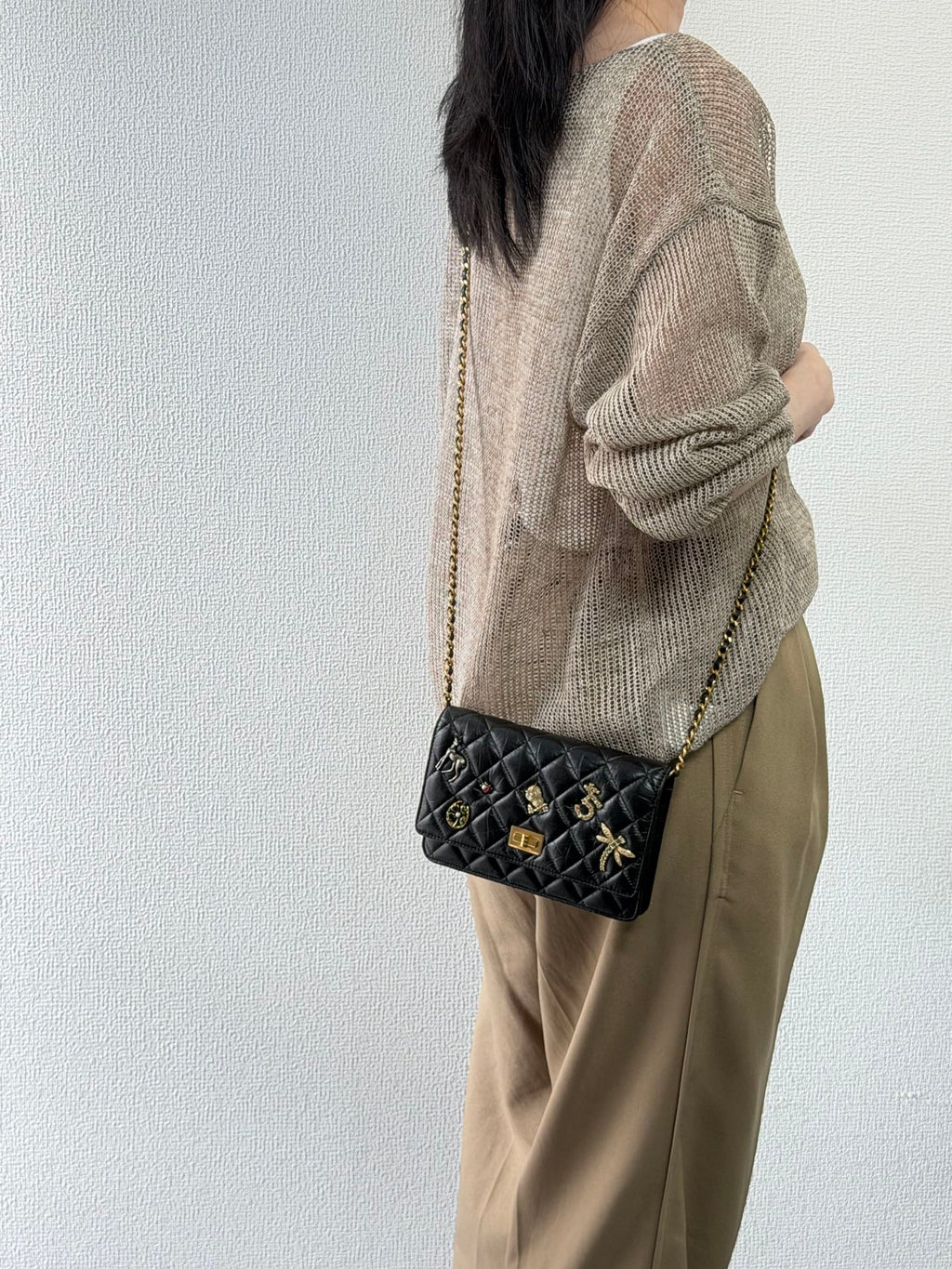 Chanel Aged Calfskin Quilted Lucky Charms 2.55 Reissue Wallet On Chain WOC Black