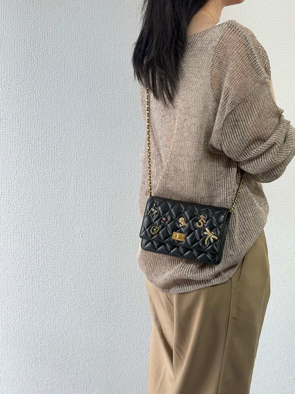 Chanel Aged Calfskin Quilted Lucky Charms 2.55 Reissue Wallet On Chain WOC Black