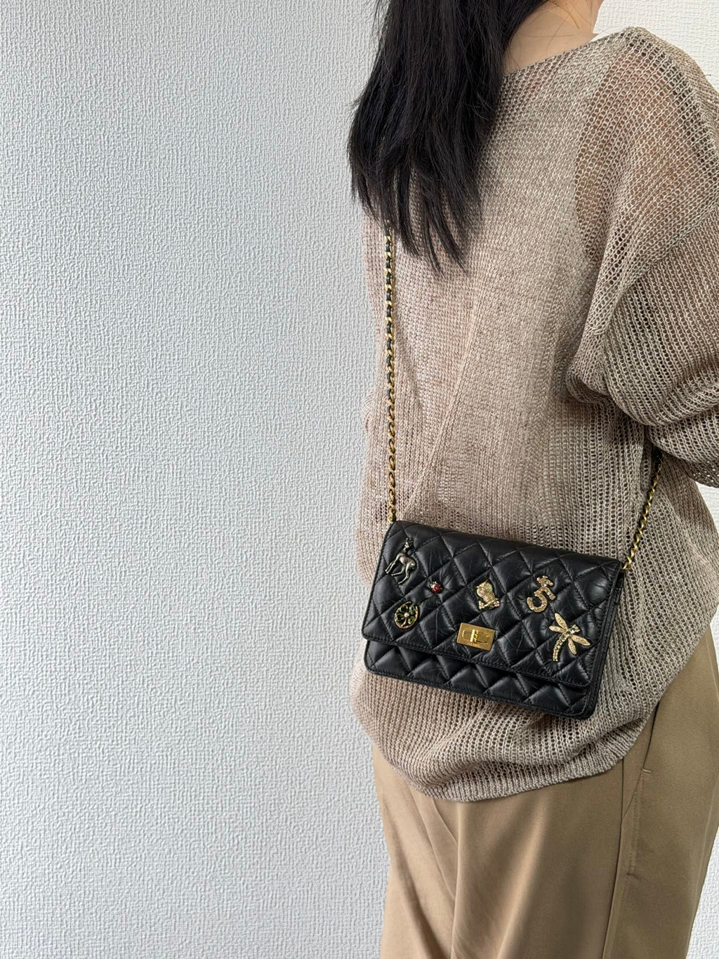 Chanel Aged Calfskin Quilted Lucky Charms 2.55 Reissue Wallet On Chain WOC Black