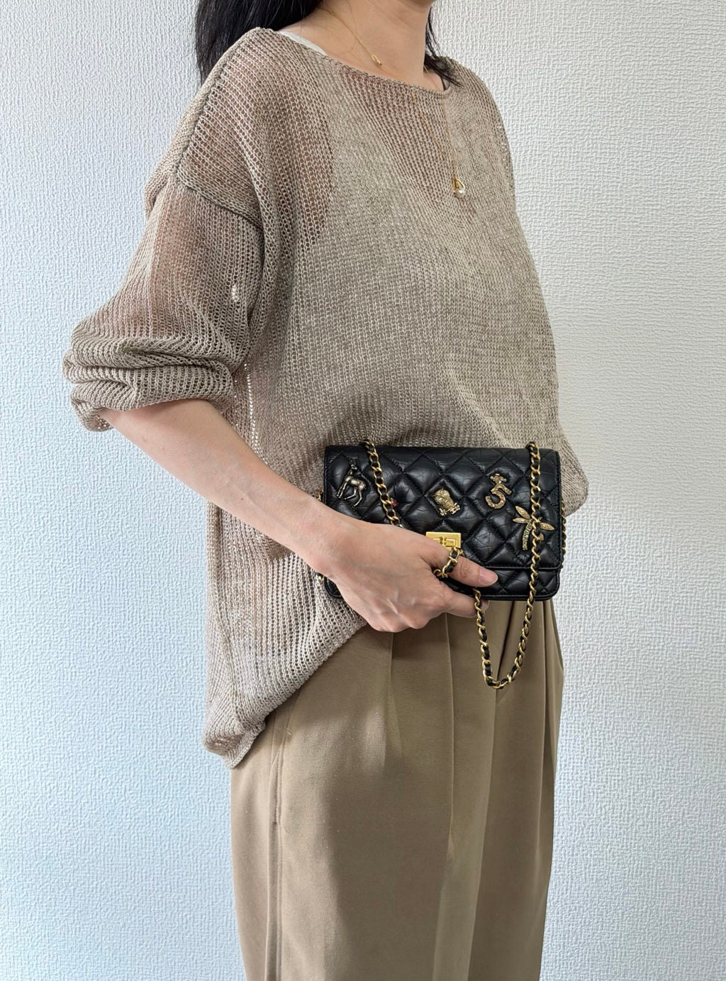 Chanel Aged Calfskin Quilted Lucky Charms 2.55 Reissue Wallet On Chain WOC Black
