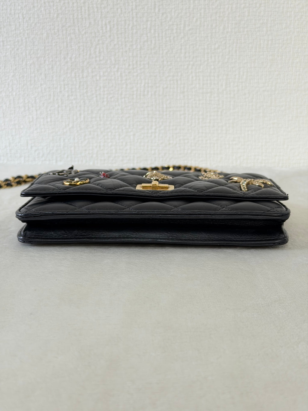 Chanel Aged Calfskin Quilted Lucky Charms 2.55 Reissue Wallet On Chain WOC Black