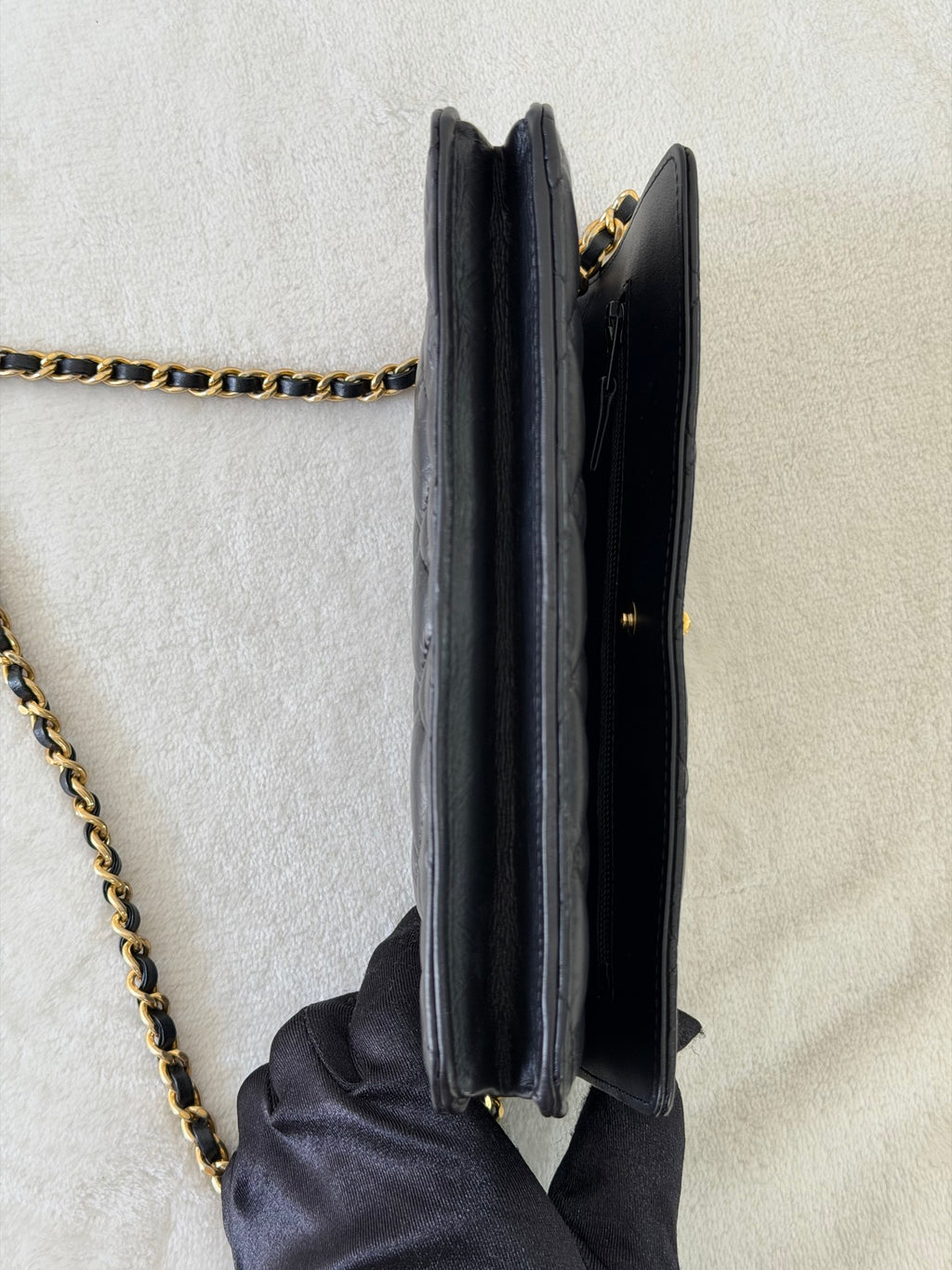 Chanel Aged Calfskin Quilted Lucky Charms 2.55 Reissue Wallet On Chain WOC Black