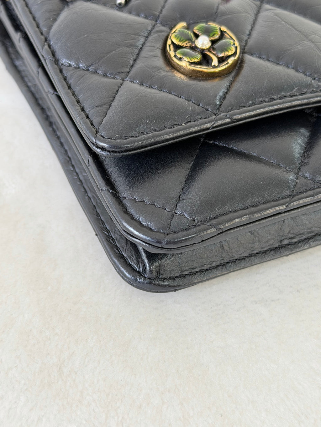 Chanel Aged Calfskin Quilted Lucky Charms 2.55 Reissue Wallet On Chain WOC Black