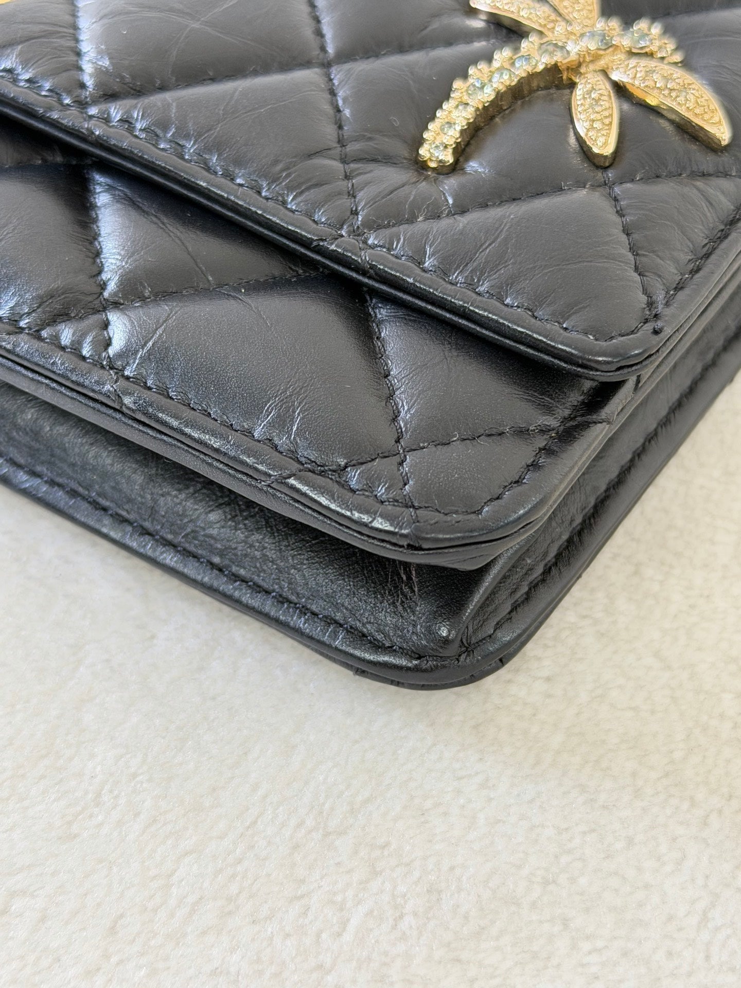 Chanel Aged Calfskin Quilted Lucky Charms 2.55 Reissue Wallet On Chain WOC Black