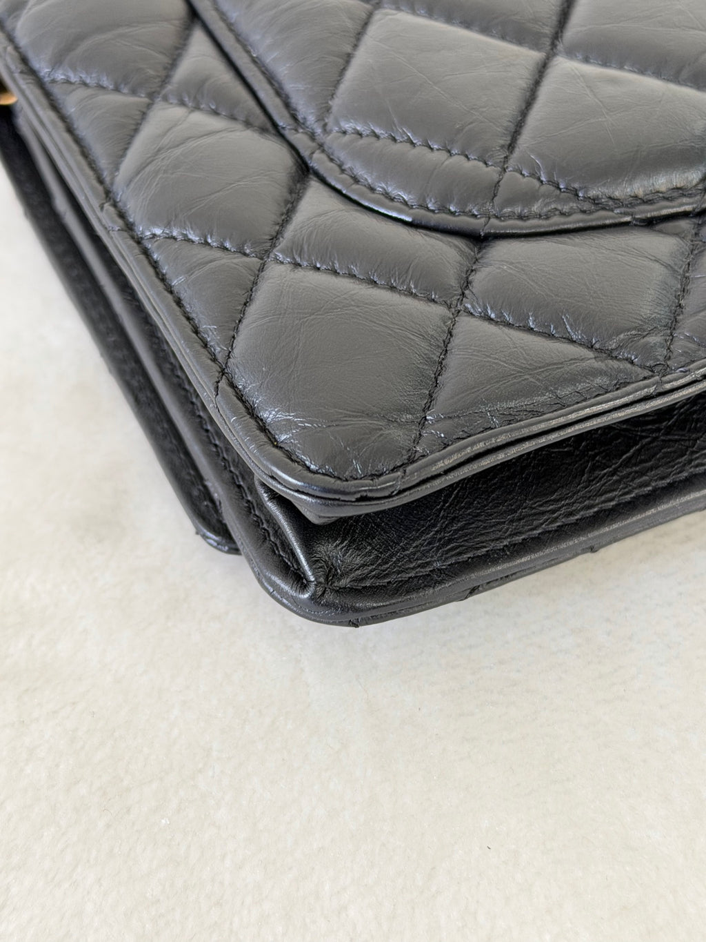 Chanel Aged Calfskin Quilted Lucky Charms 2.55 Reissue Wallet On Chain WOC Black