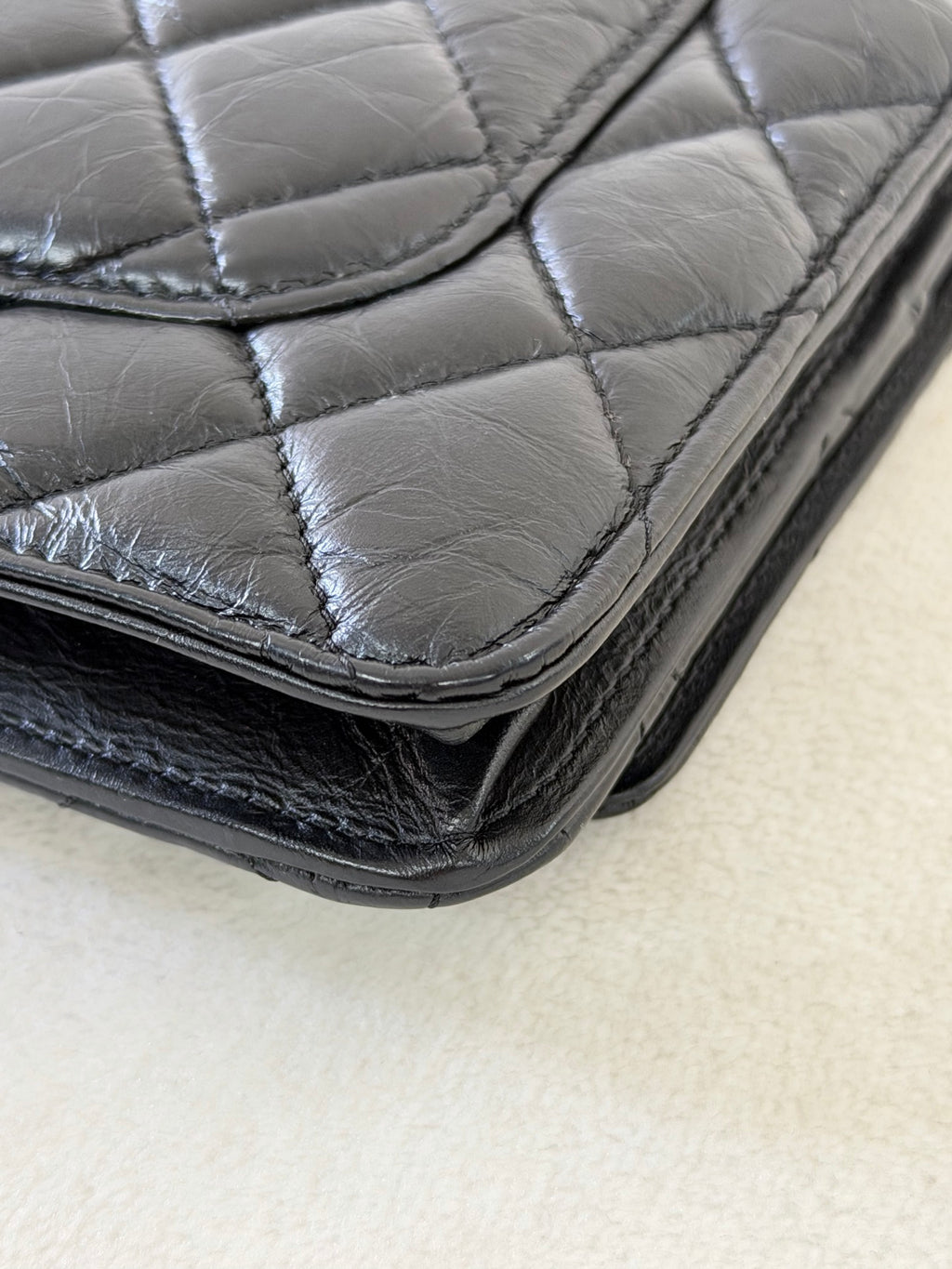 Chanel Aged Calfskin Quilted Lucky Charms 2.55 Reissue Wallet On Chain WOC Black