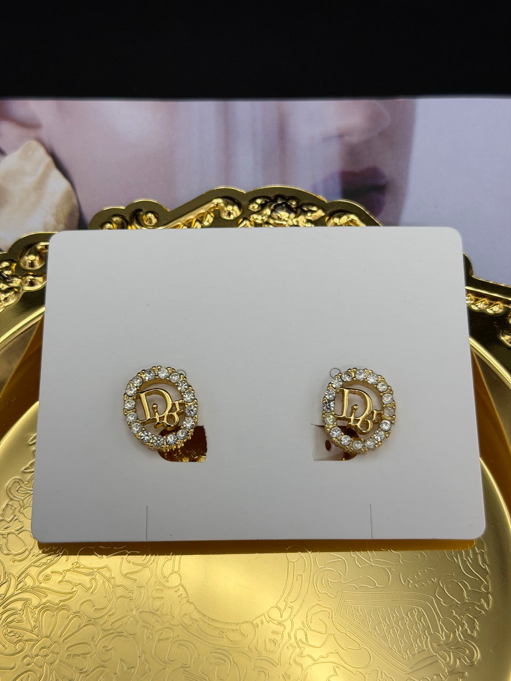 CHRISTIAN DIOR Logo Rheinstone Ear Clips