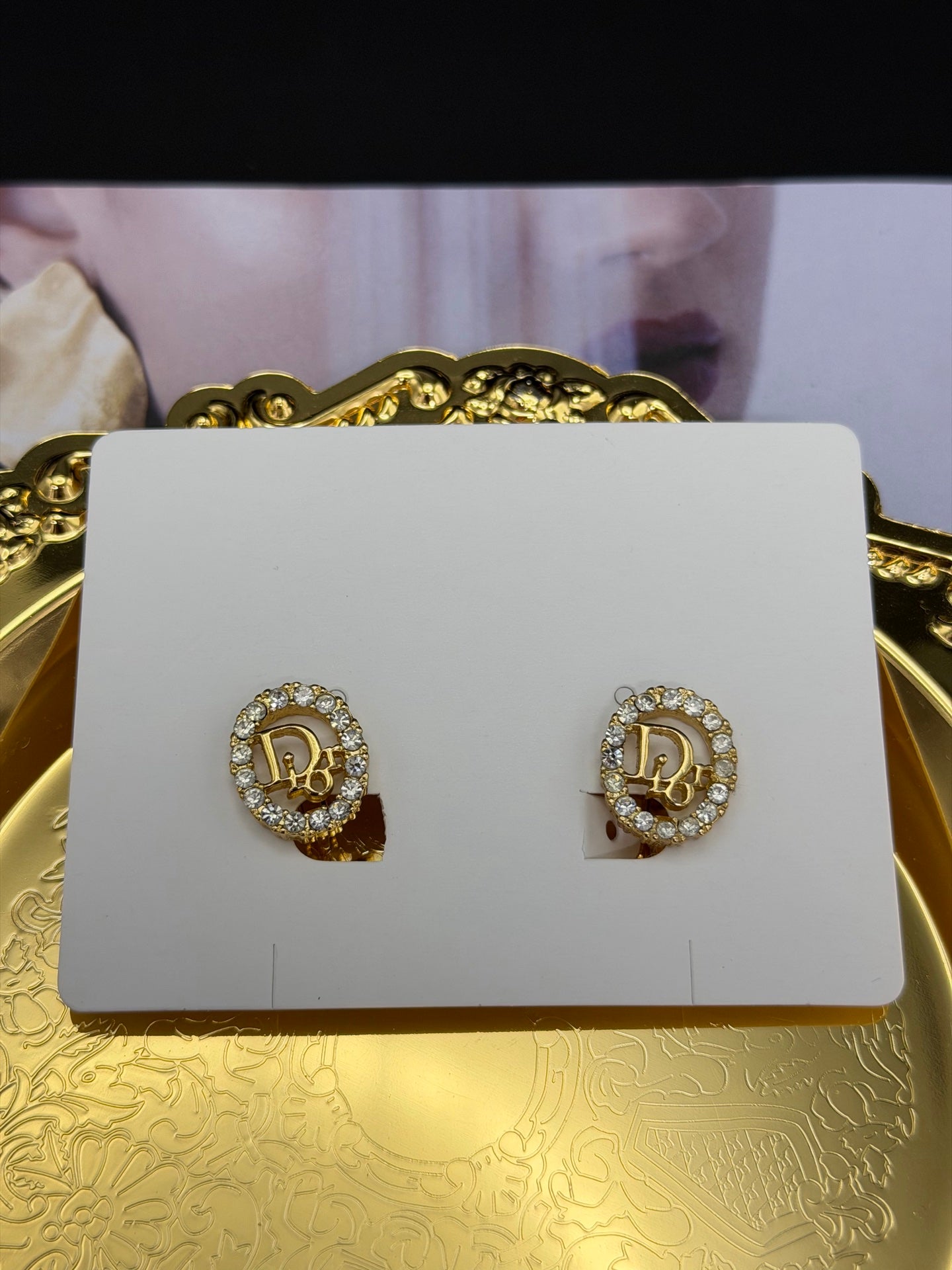 CHRISTIAN DIOR Logo Rheinstone Ear Clips