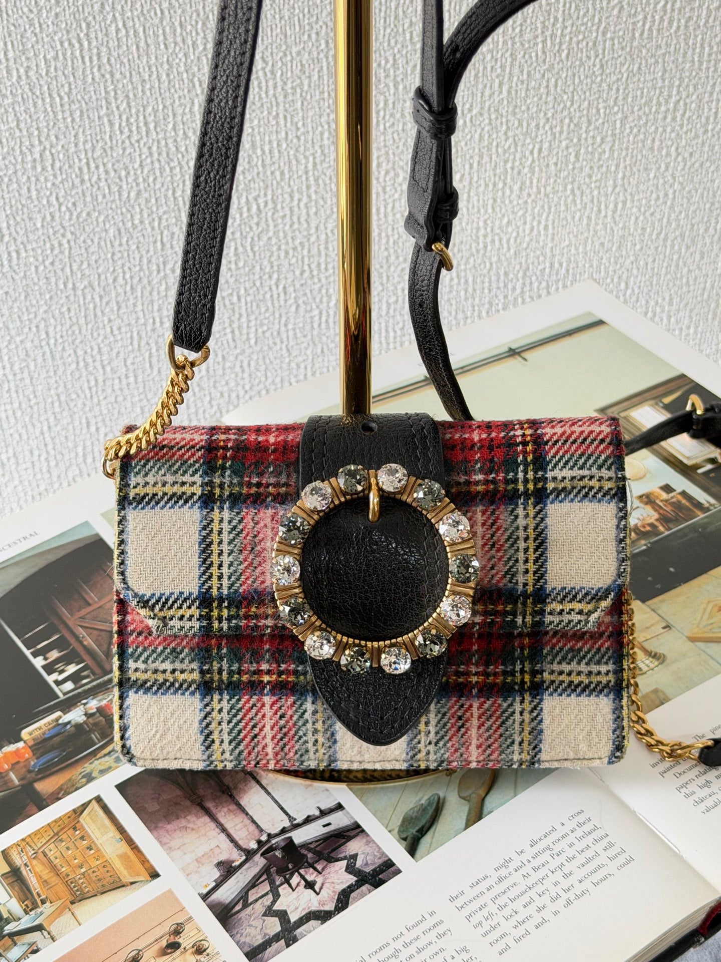 MIUMIU Jeweled Plaid Wool Crossbody /Belt bag