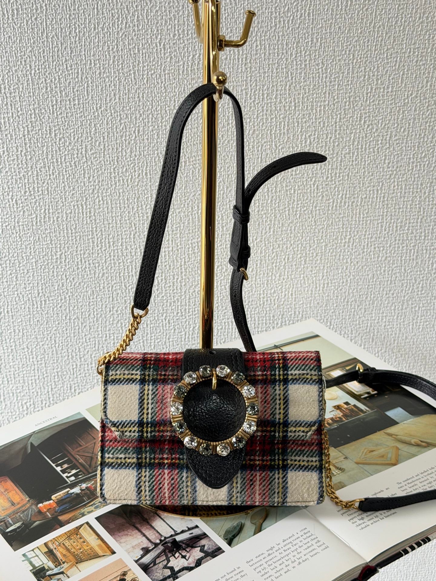 MIUMIU Jeweled Plaid Wool Crossbody /Belt bag