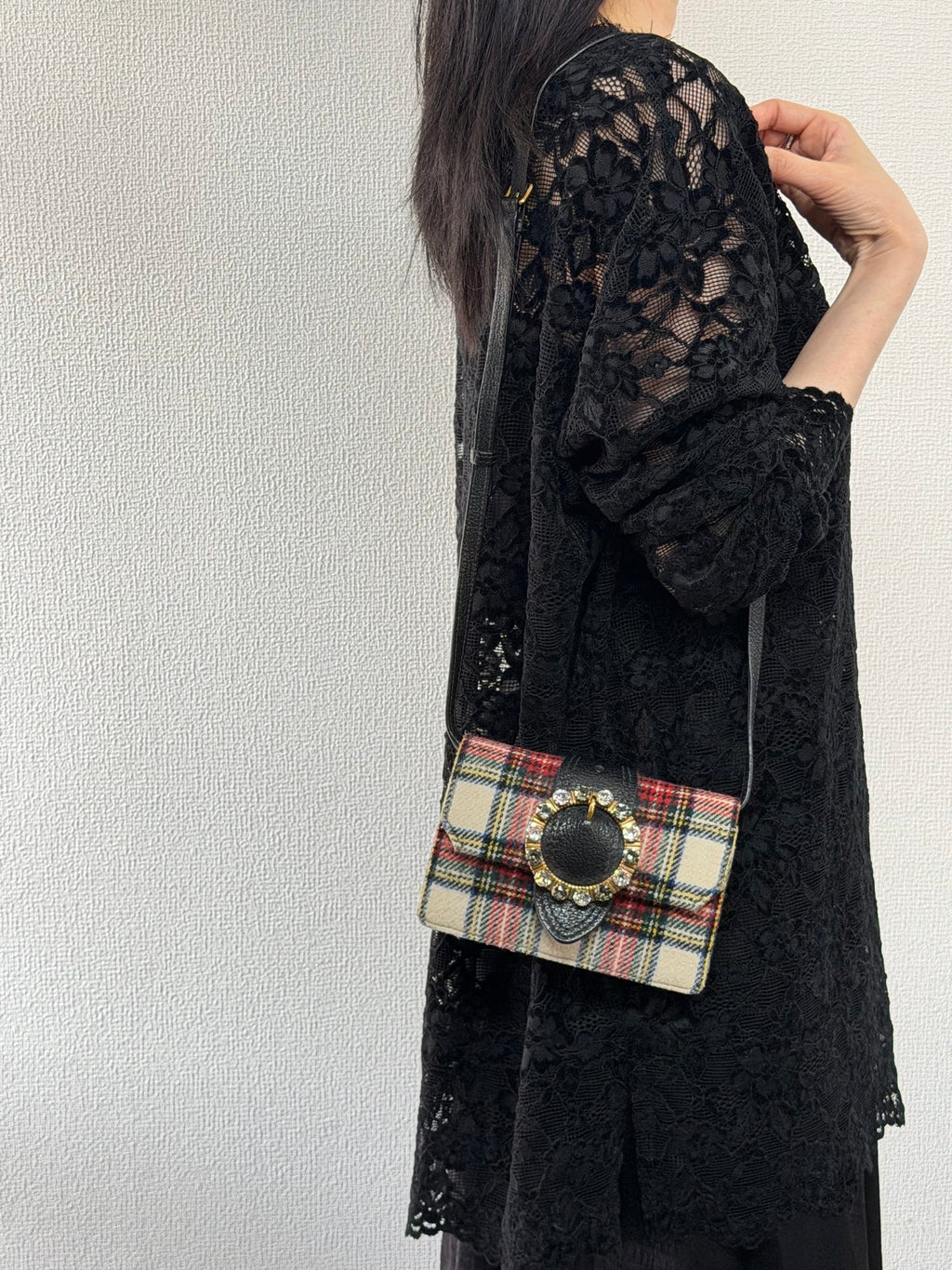 MIUMIU Jeweled Plaid Wool Crossbody /Belt bag