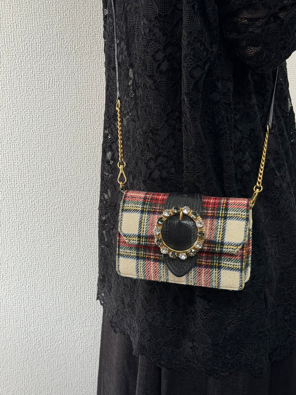 MIUMIU Jeweled Plaid Wool Crossbody /Belt bag