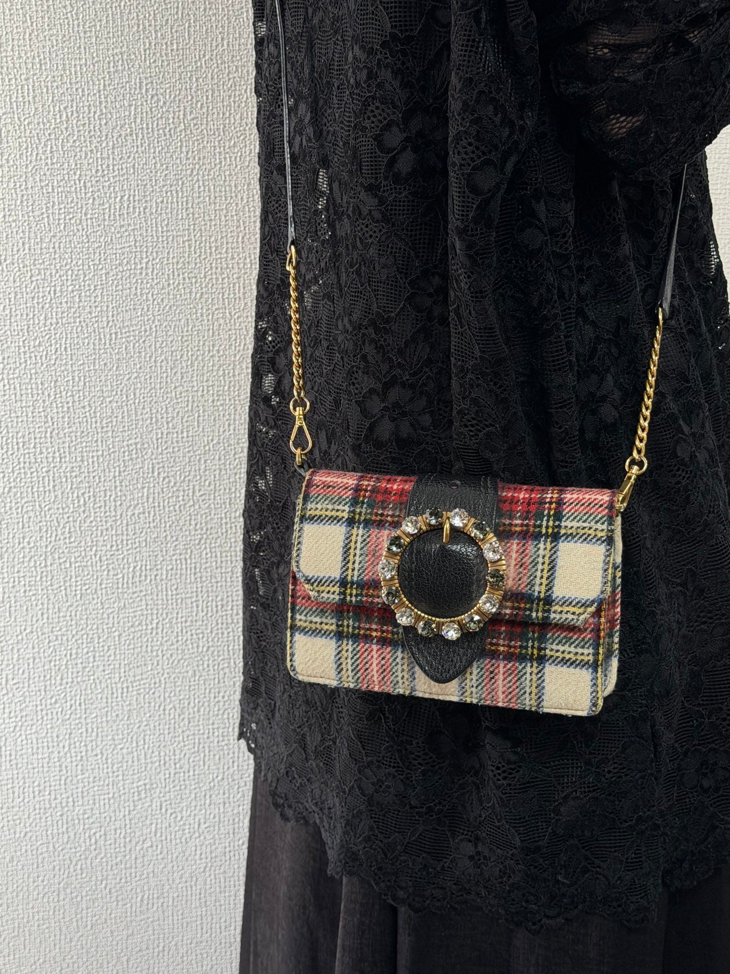 MIUMIU Jeweled Plaid Wool Crossbody /Belt bag